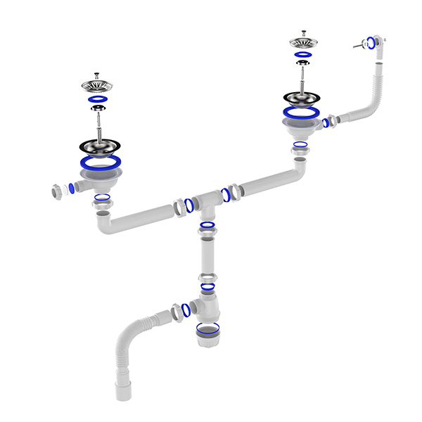 Сифон для мойки сдвоенный Sti D0139, 3 1/2"х40 с круглым переливом и гофротрубой 40x40-50