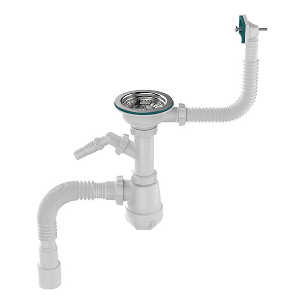 Сифон для мойки Sti B0147, 3 1/2"х40 с прямоугольным переливом, отводом для стир. маш. и гофротрубой 40х40-50