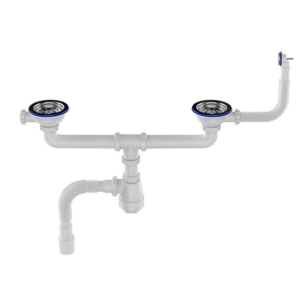 Сифон для мойки сдвоенный Sti D0139, 3 1/2"х40 с круглым переливом и гофротрубой 40x40-50