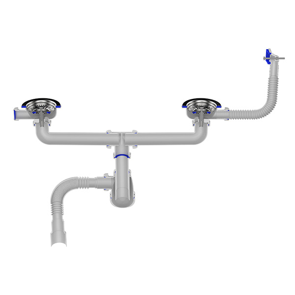 Сифон для мойки сдвоенный Sti D0148, 3 1/2"х40 с прямоугольным переливом и гофротрубой 40x40-50