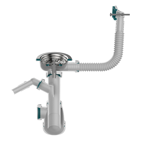 Сифон для мойки Sti B0146, 3 1/2"х40 с прямоугольным переливом и отводом для стиральной машины