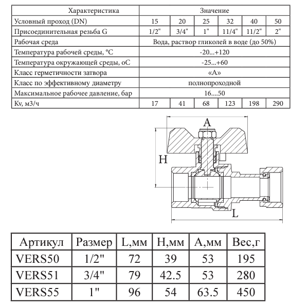 Кран шаровой Vieir VERS50 с накидной гайкой 1/2, бабочка
