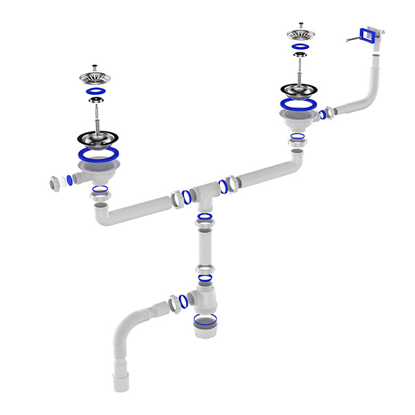 Сифон для мойки сдвоенный Sti D0148, 3 1/2"х40 с прямоугольным переливом и гофротрубой 40x40-50