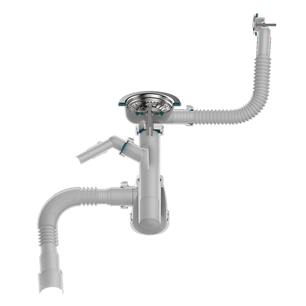 Сифон для мойки Sti B0140, 3 1/2"х40 с круглым переливом, отводом для стир. маш. и гофротрубой 40x40-50