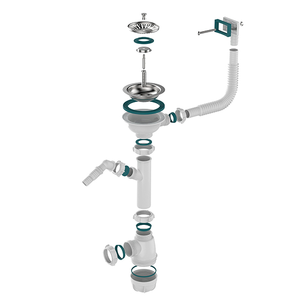 Сифон для мойки Sti B0146, 3 1/2"х40 с прямоугольным переливом и отводом для стиральной машины