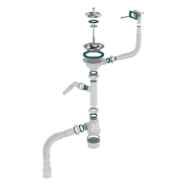Сифон для мойки Sti B0147, 3 1/2"х40 с прямоугольным переливом, отводом для стир. маш. и гофротрубой 40х40-50