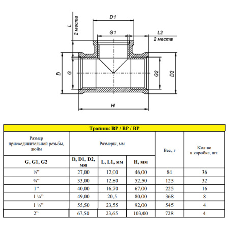 Тройник LD Pride 1/2" ВР/ВР/ВР, латунный никелированный
